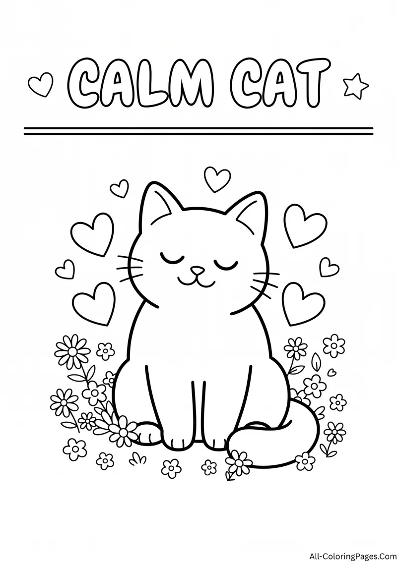 Cat sitting calmly with closed eyes among flowers and hearts, with the title Calm Cat