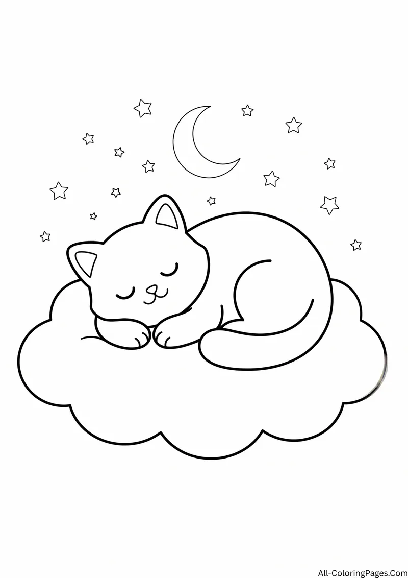 Kitten sleeping curled up on a cloud under a crescent moon and stars