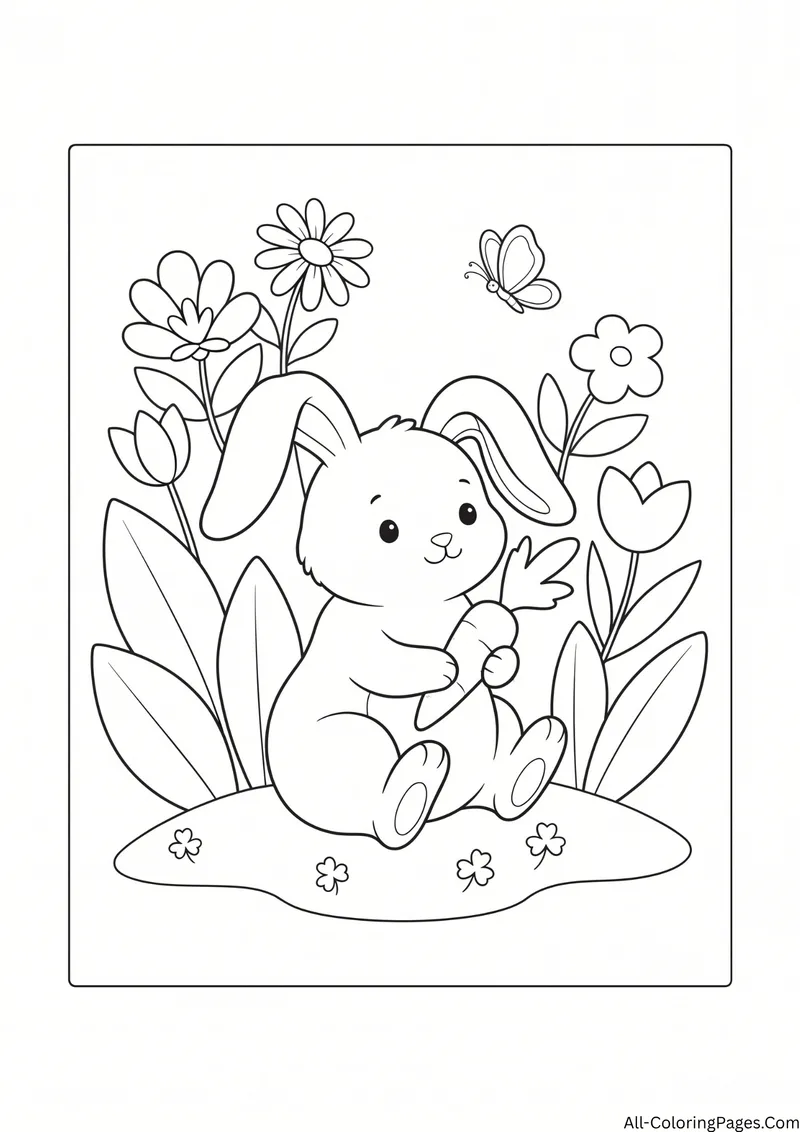 Bunny holding a carrot among flowers and leaves with a butterfly
