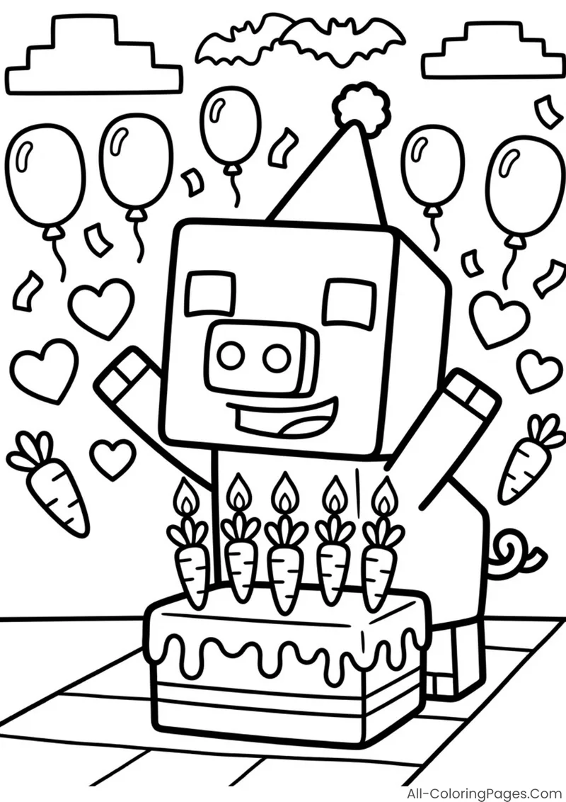 A pig in a party hat behind a cake with carrot candles