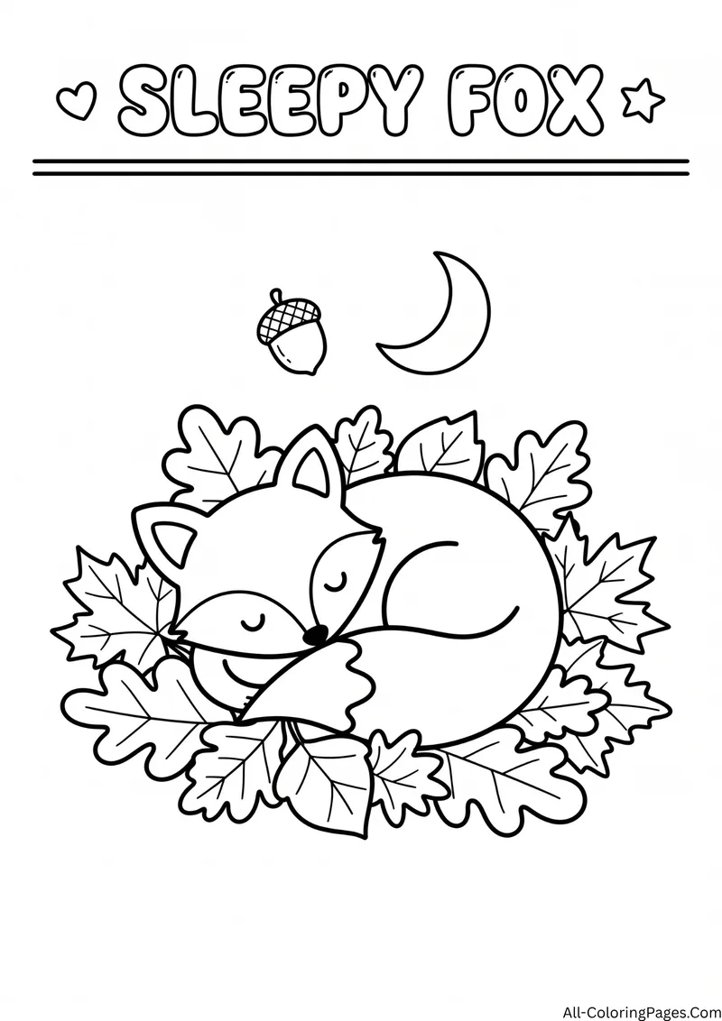 Fox sleeping curled up in autumn leaves with an acorn and a crescent moon, with the title Sleepy Fox