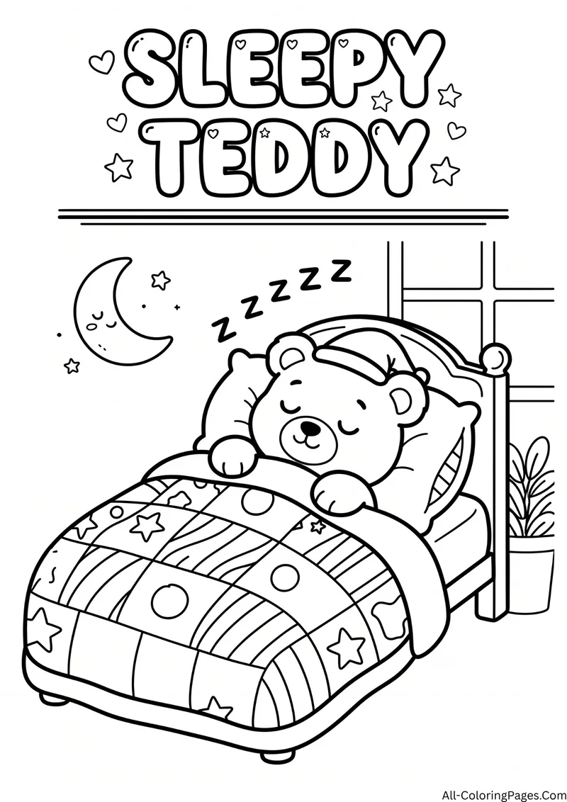 Teddy bear sleeping in a bed with a patchwork quilt beside a window and a crescent moon, with the title Sleepy Teddy