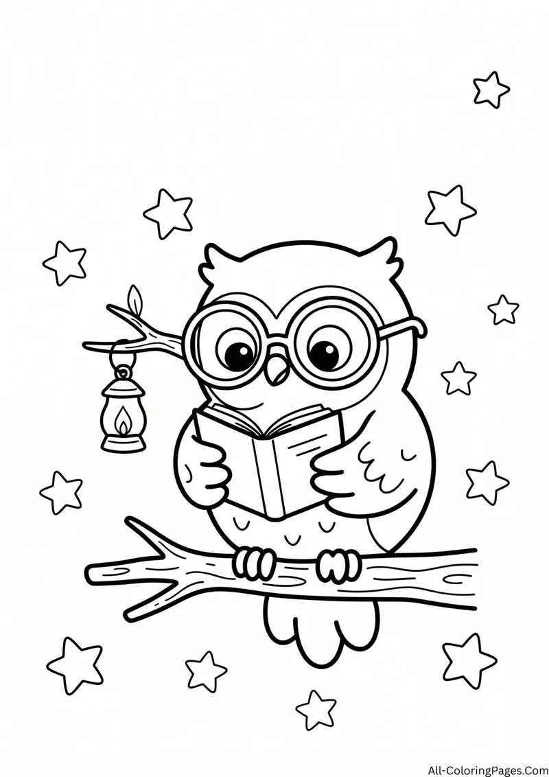Owl wearing glasses reading a book on a branch with a hanging lantern and stars