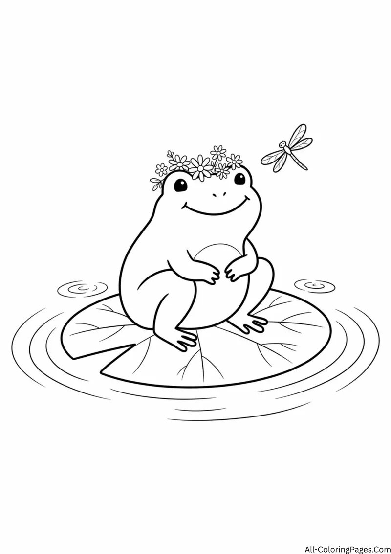 Frog wearing a flower crown sitting on a lily pad with ripples and a dragonfly