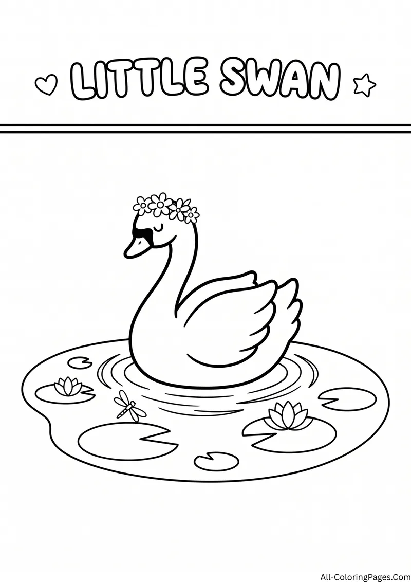 Swan with a flower crown floating on a pond with lily pads and a dragonfly, with the title Little Swan