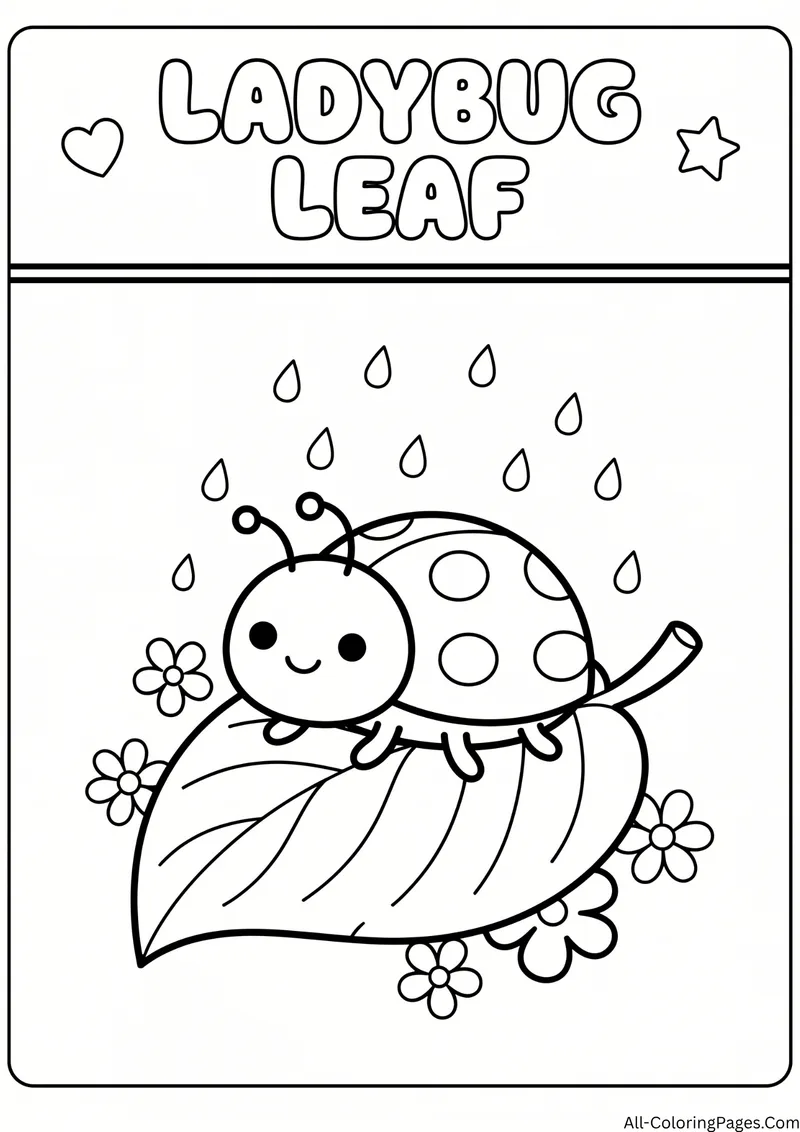 Smiling ladybug sitting on a leaf with raindrops and flowers, with the title Ladybug Leaf