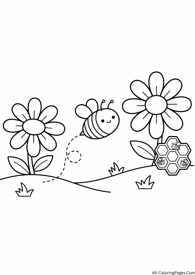 Smiling bee flying between two daisies along a dotted path to a honeycomb
