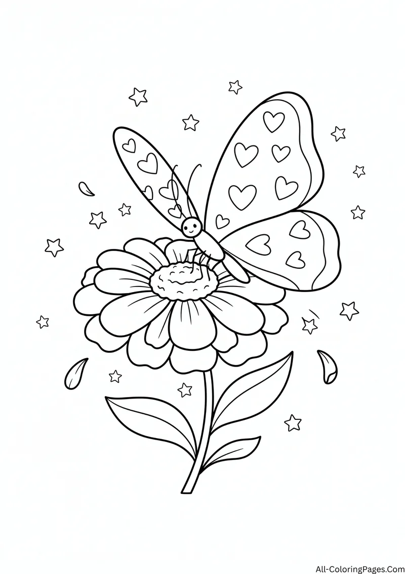 Butterfly with heart patterned wings resting on a large flower with petals and stars