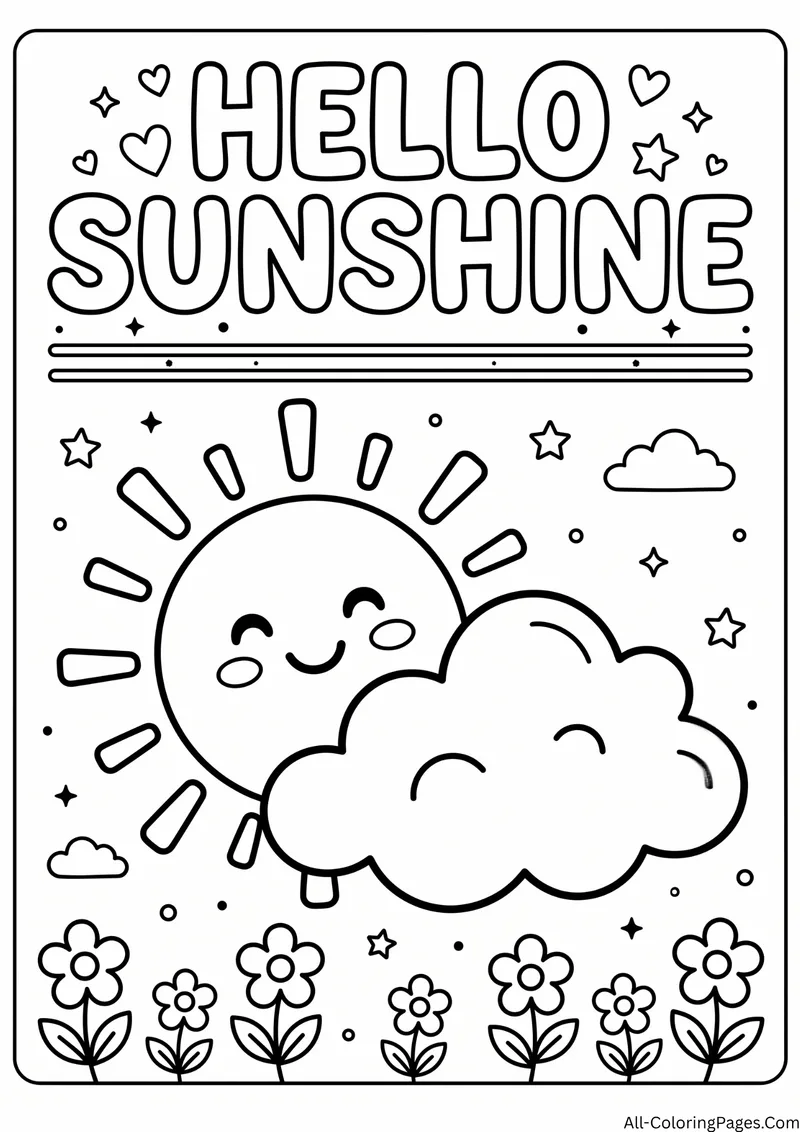 Smiling sun with a cloud above a row of flowers, with the title Hello Sunshine