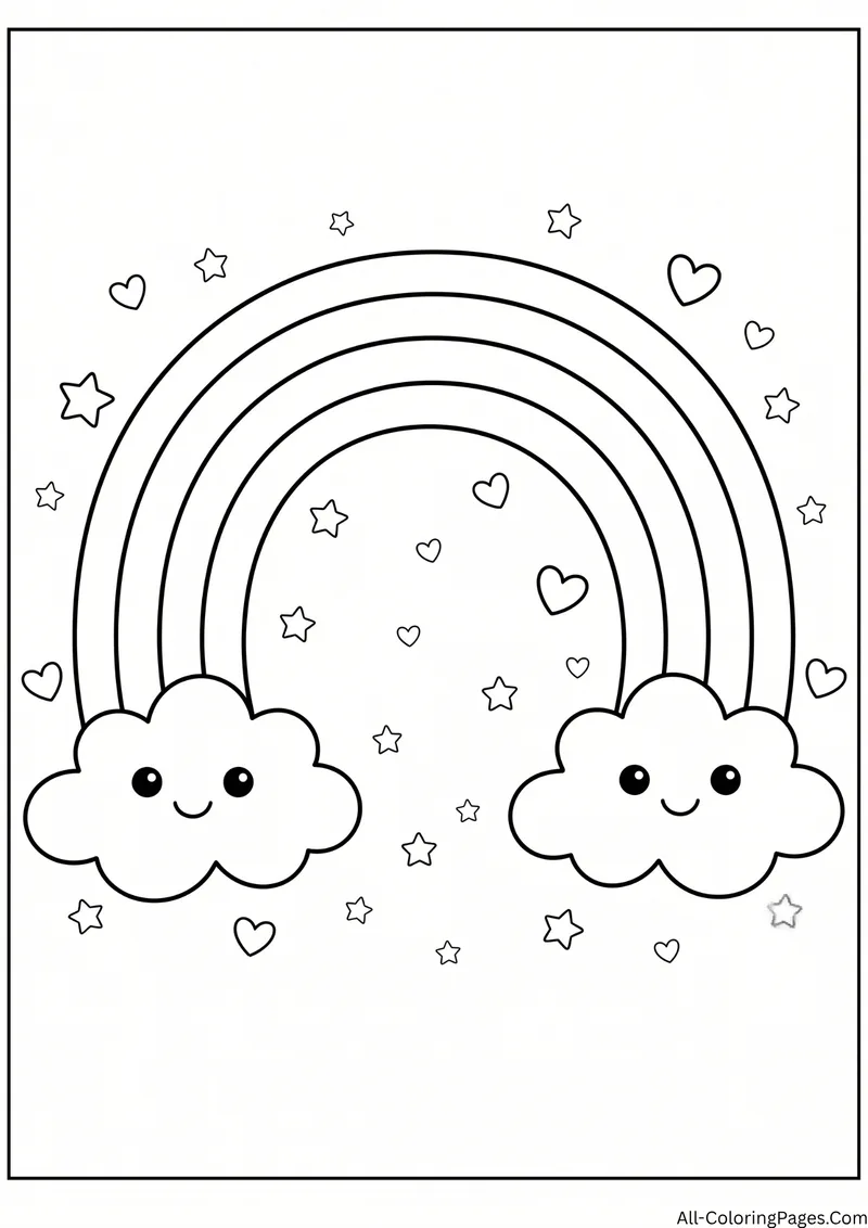 Rainbow arching between two smiling clouds with hearts and stars