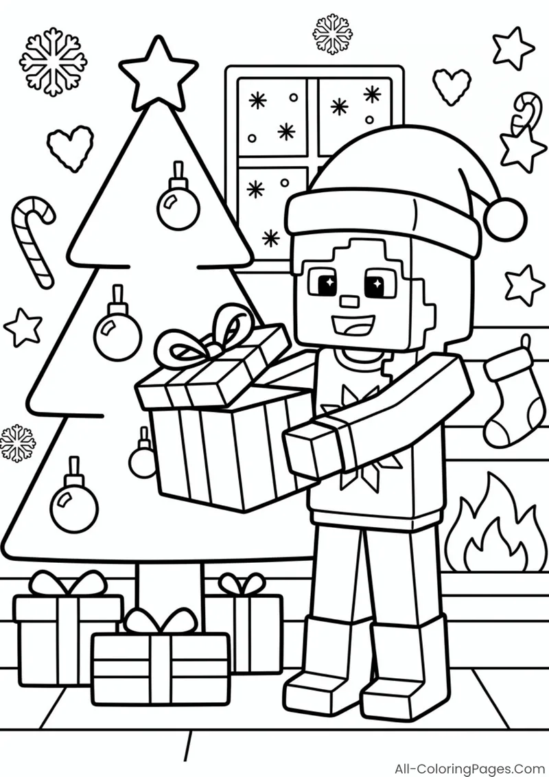 Alex wearing a Santa hat and holding a present beside a Christmas tree