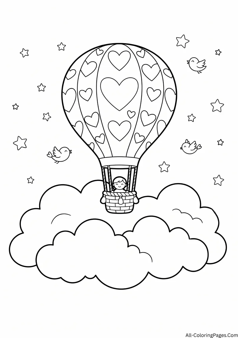 Hot air balloon with heart patterns and a passenger in the basket floating above clouds with birds and stars