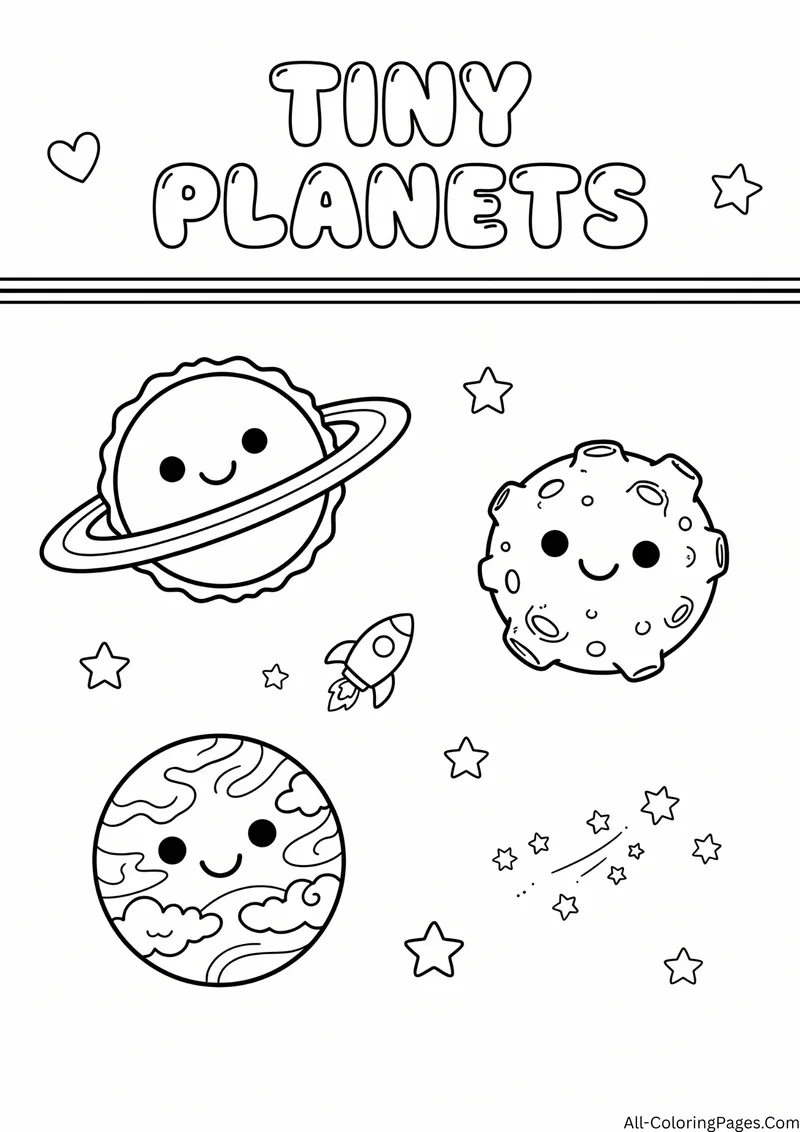 Three smiling cartoon planets with a small rocket and stars, with the title Tiny Planets