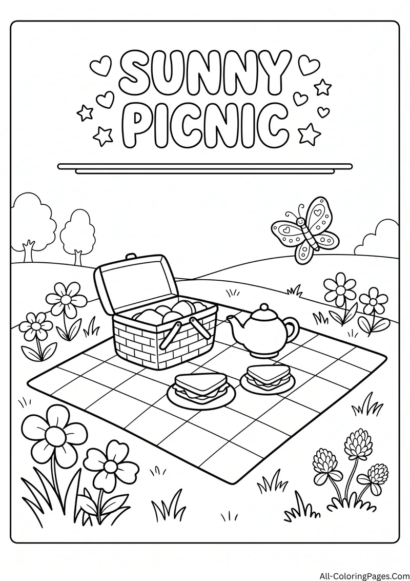 Picnic blanket with a basket, sandwiches and a teapot among flowers and a butterfly, with the title Sunny Picnic