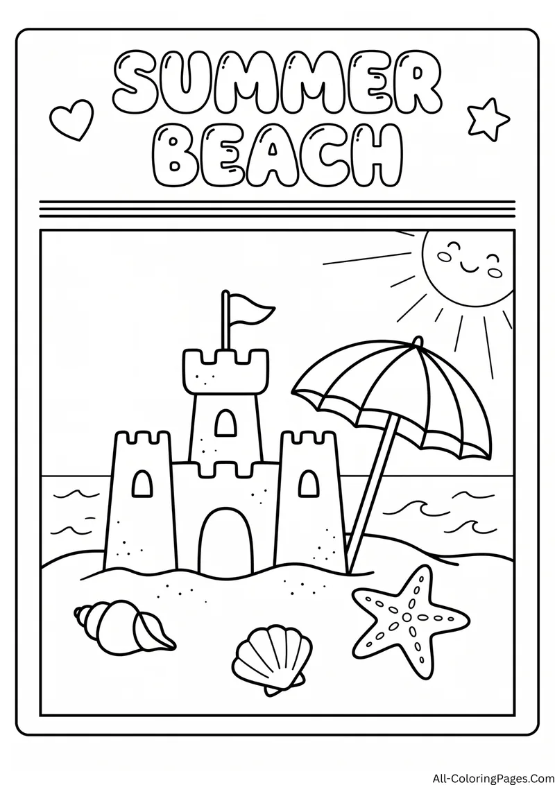 Sandcastle with a flag, a beach umbrella, seashells, a starfish and a smiling sun, with the title Summer Beach