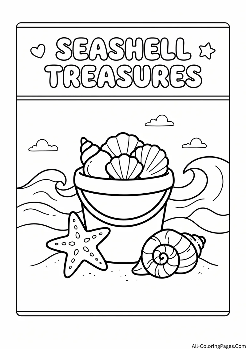 Beach bucket full of seashells with a starfish and a spiral shell by the waves, with the title Seashell Treasures