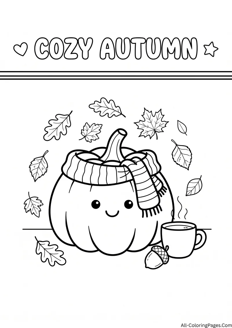 Smiling pumpkin wearing a knit hat and scarf beside a steaming mug with falling leaves, with the title Cozy Autumn
