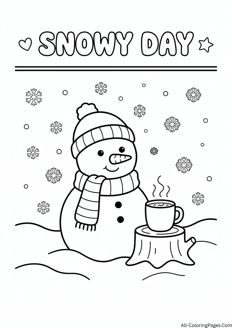 Snowman in a hat and scarf beside a mug of cocoa on a tree stump with snowflakes, with the title Snowy Day