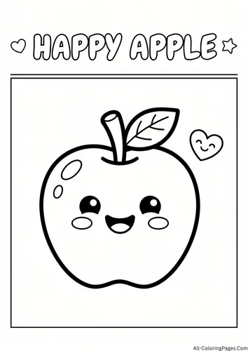 Smiling apple with a stem and a leaf beside a small heart, with the title Happy Apple
