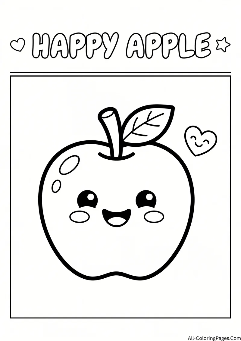 Smiling apple with a stem and a leaf beside a small heart, with the title Happy Apple