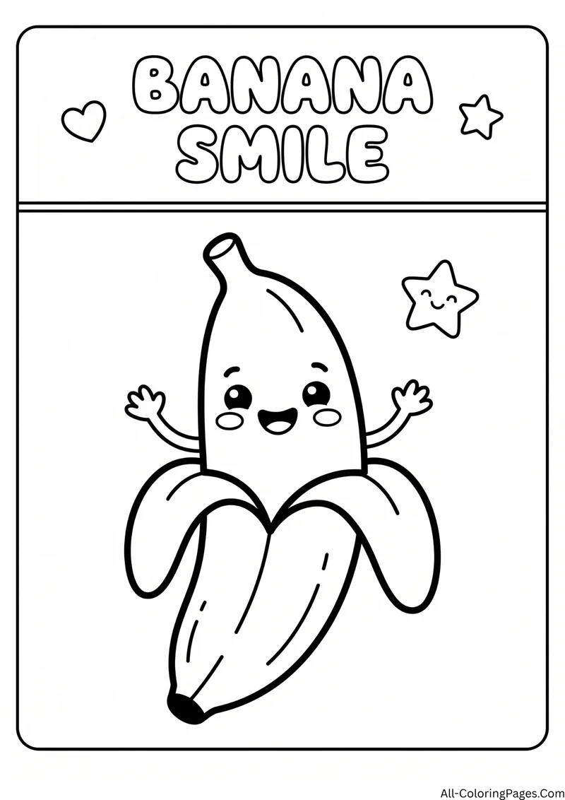 Half peeled banana with a happy face waving its arms beside a star, with the title Banana Smile