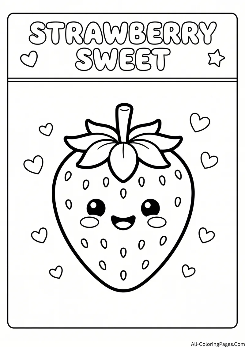 Smiling strawberry with seeds and a leafy top surrounded by hearts, with the title Strawberry Sweet