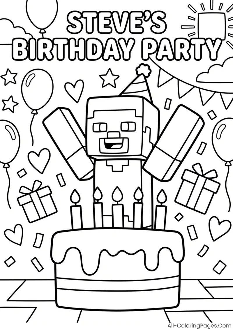 Steve cheering behind a birthday cake with balloons and presents