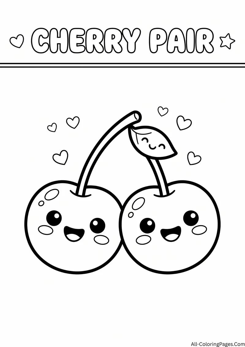 Two smiling cherries joined by a stem with a smiling leaf and hearts, with the title Cherry Pair