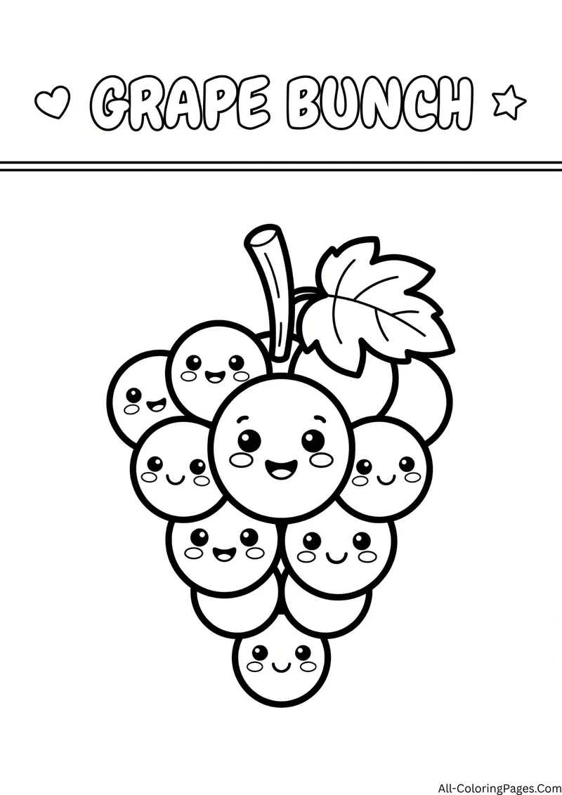 Bunch of grapes where each grape has a smiling face, with a leaf on top, with the title Grape Bunch