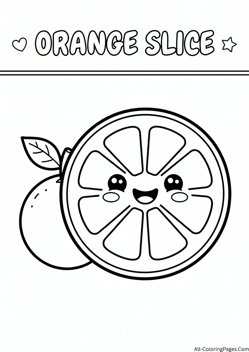 Smiling orange slice beside a whole orange with a leaf, with the title Orange Slice