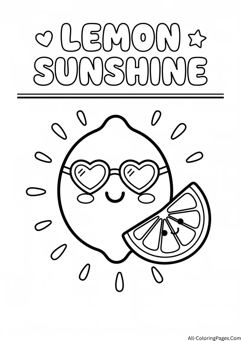 Lemon wearing heart shaped sunglasses next to a smiling lemon slice with sun rays, with the title Lemon Sunshine
