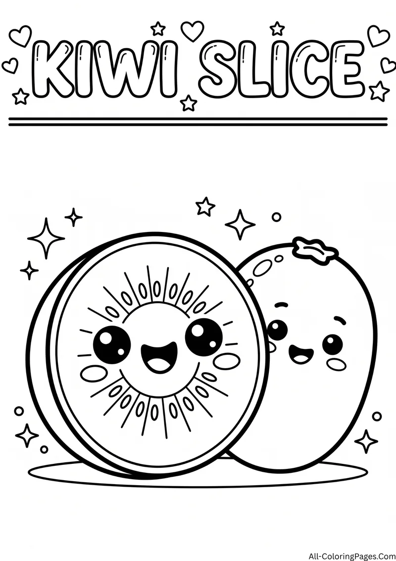 Smiling kiwi slice with seeds beside a whole smiling kiwi, with the title Kiwi Slice