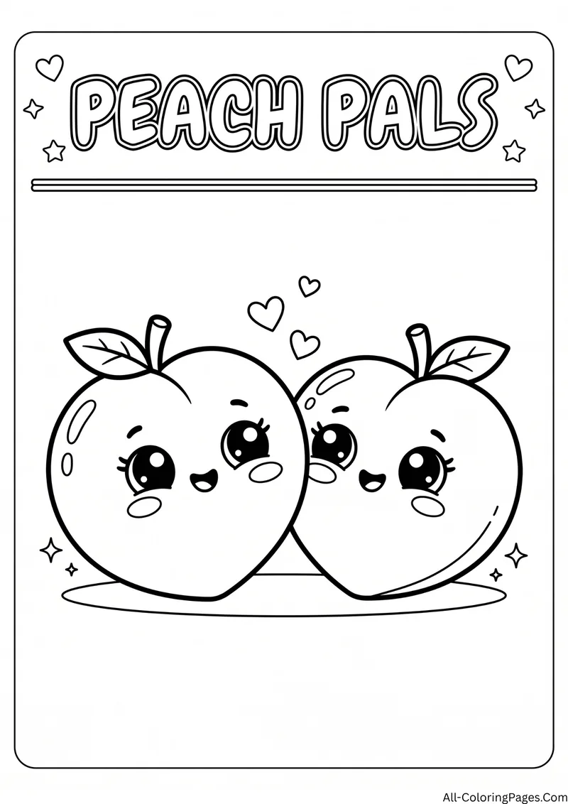 Two smiling peaches with leaves side by side with hearts above, with the title Peach Pals
