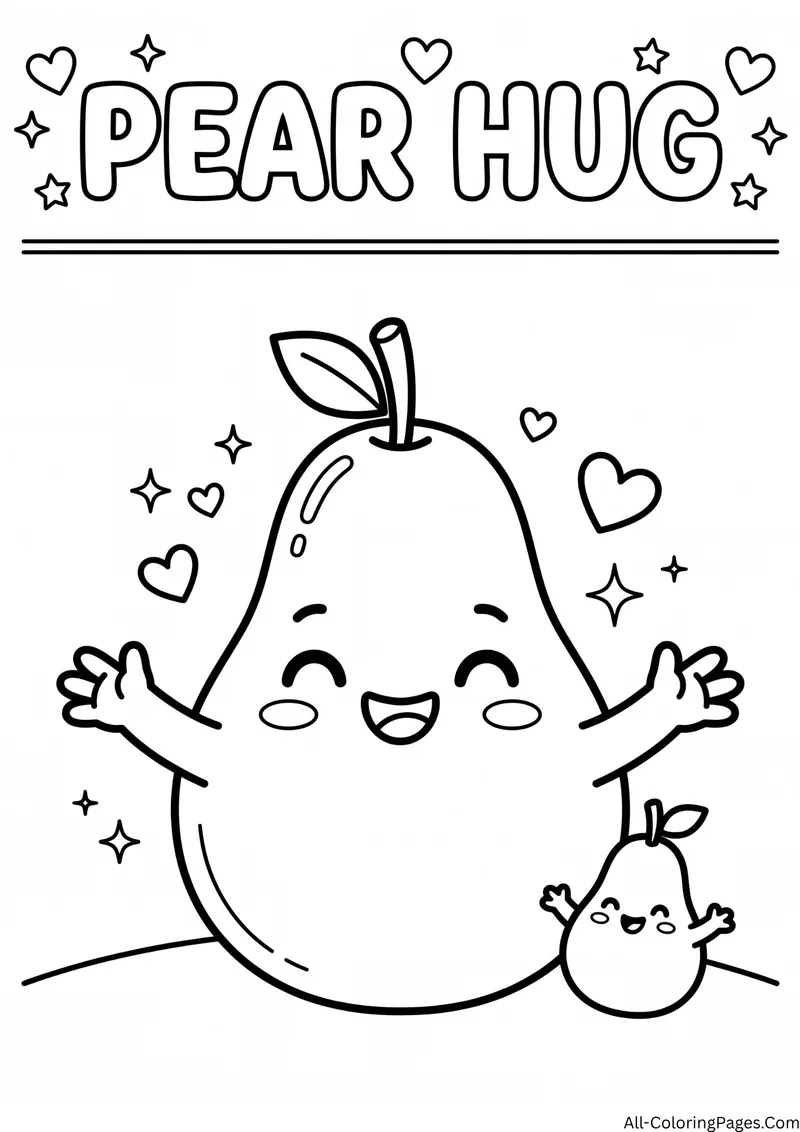 Large smiling pear with open arms and a small baby pear beside it, with the title Pear Hug