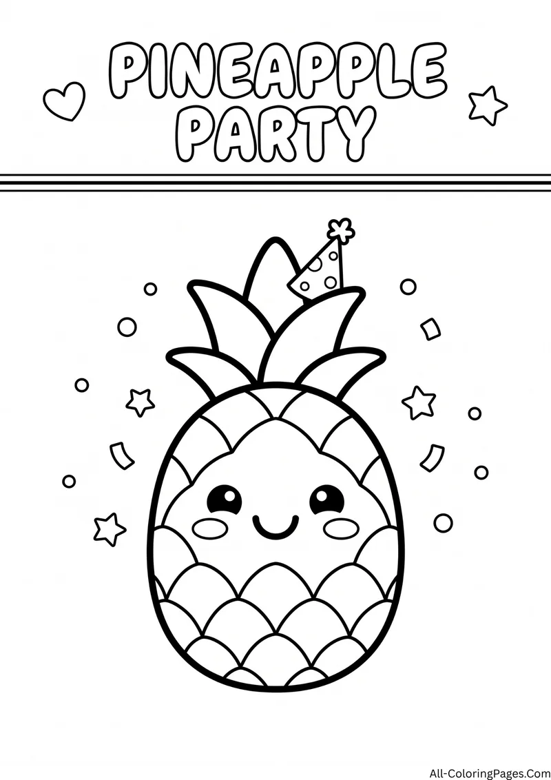 Smiling pineapple wearing a party hat surrounded by confetti and stars, with the title Pineapple Party