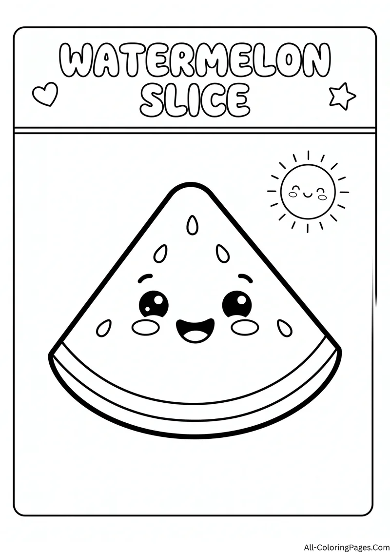Smiling watermelon slice with seeds and a smiling sun, with the title Watermelon Slice