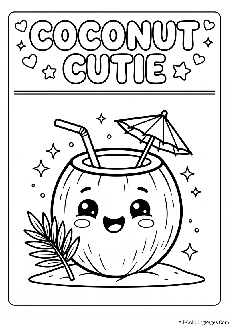 Smiling coconut with a straw and a paper umbrella beside a palm leaf, with the title Coconut Cutie