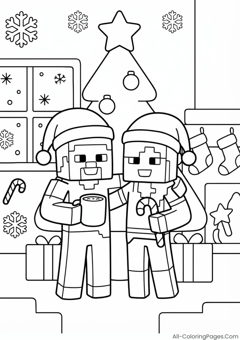 Steve and Alex wearing Santa hats and holding mugs beside a Christmas tree