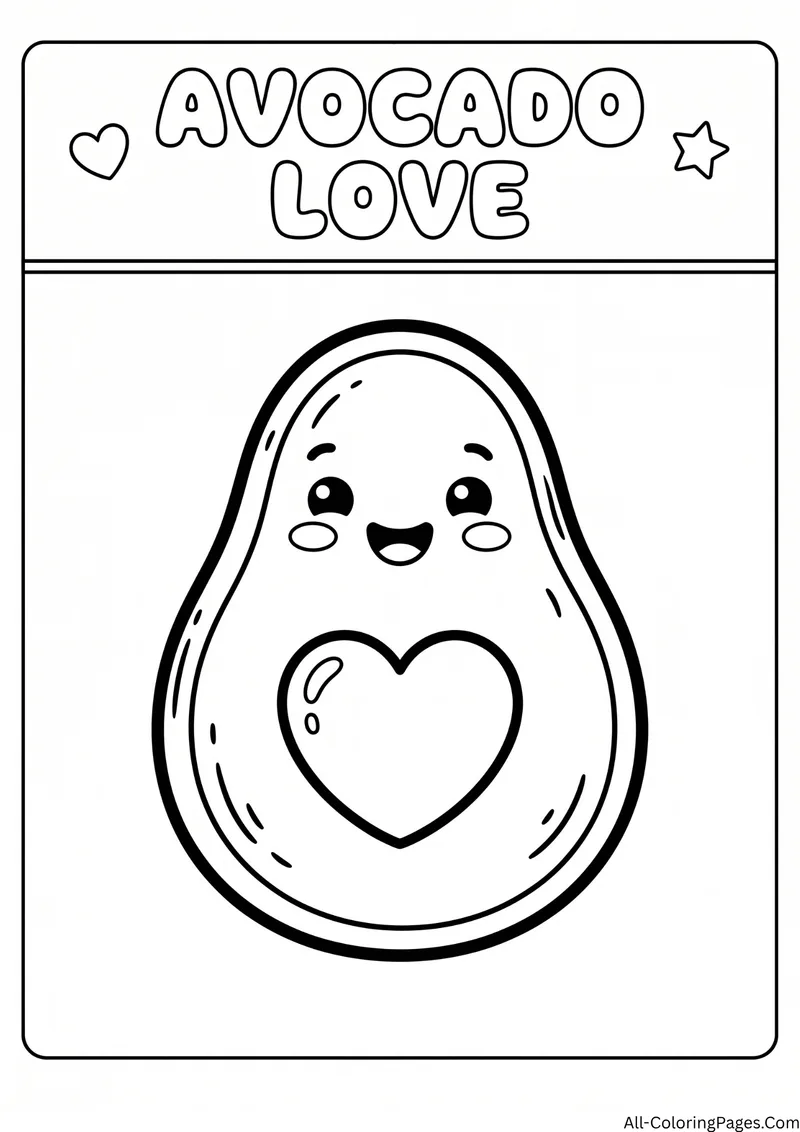 Smiling avocado half with a heart shaped pit, with the title Avocado Love