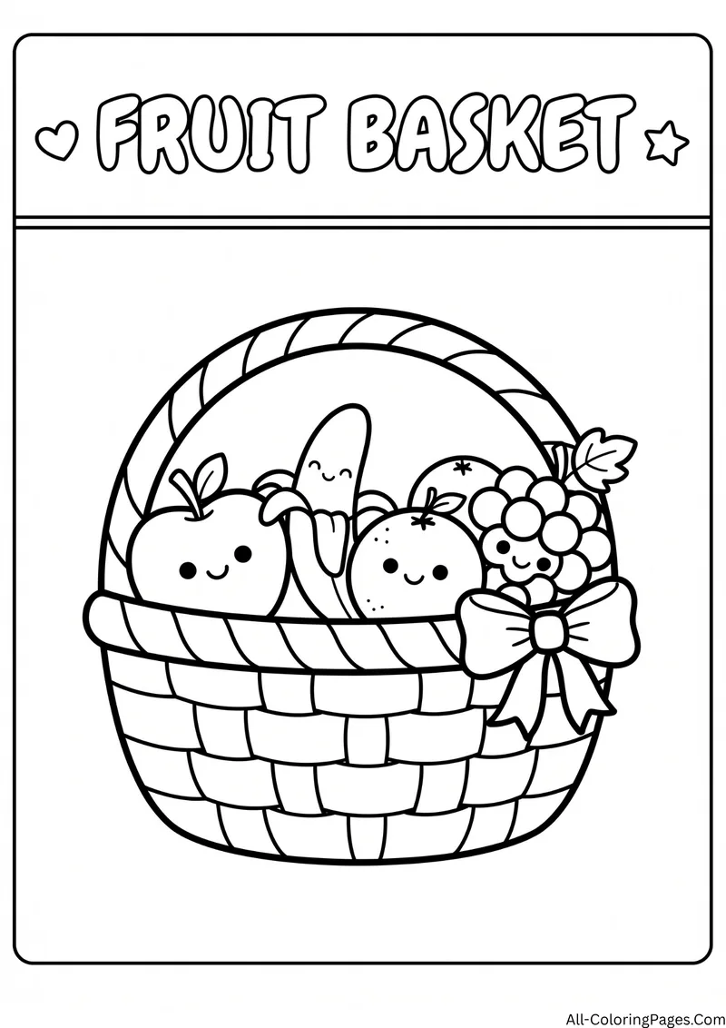 Woven basket full of smiling fruits including an apple, a banana, an orange and grapes, with the title Fruit Basket