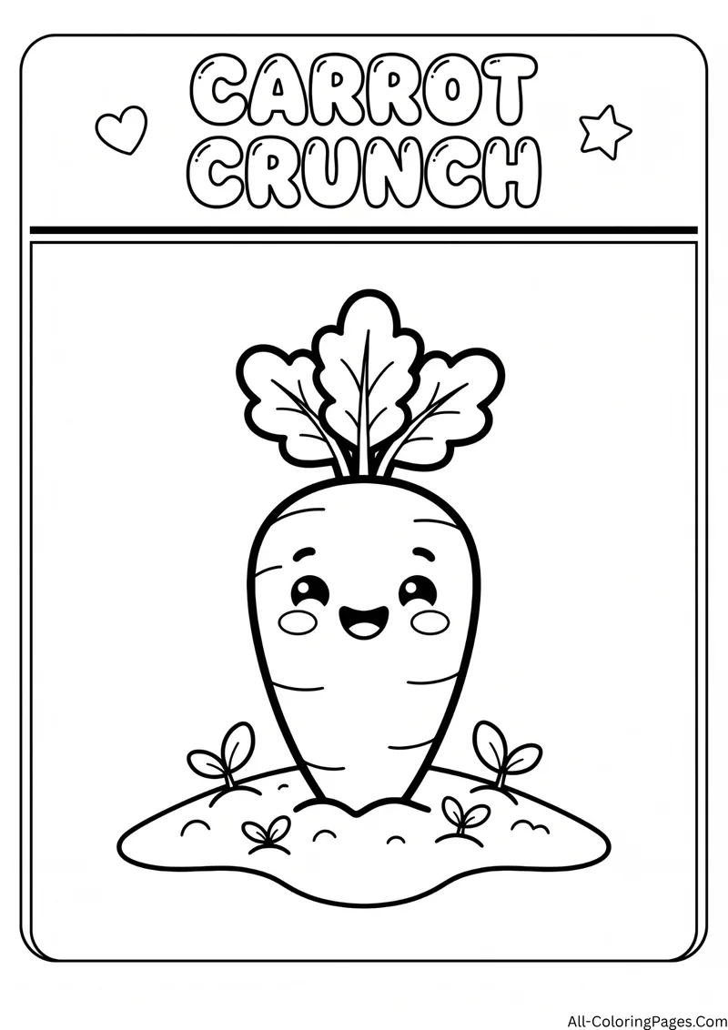 Smiling carrot with leafy greens growing out of the soil, with the title Carrot Crunch