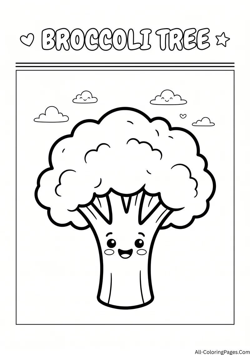Smiling broccoli shaped like a tree under small clouds, with the title Broccoli Tree
