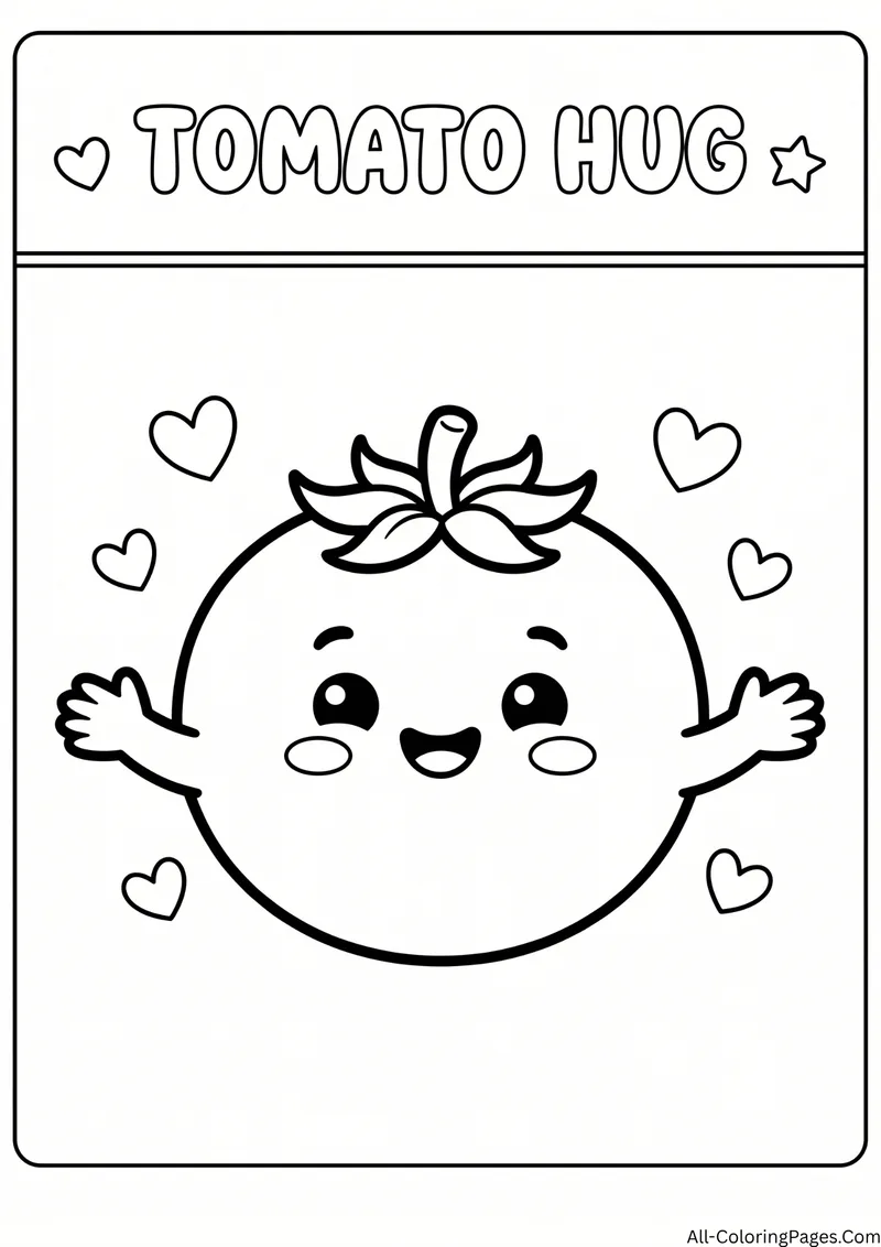 Smiling tomato with open arms and a leafy top surrounded by hearts, with the title Tomato Hug