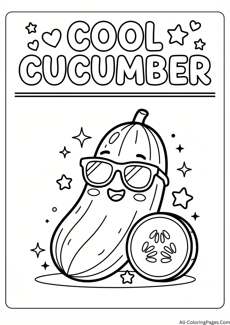 Smiling cucumber wearing sunglasses beside a cucumber slice with stars, with the title Cool Cucumber