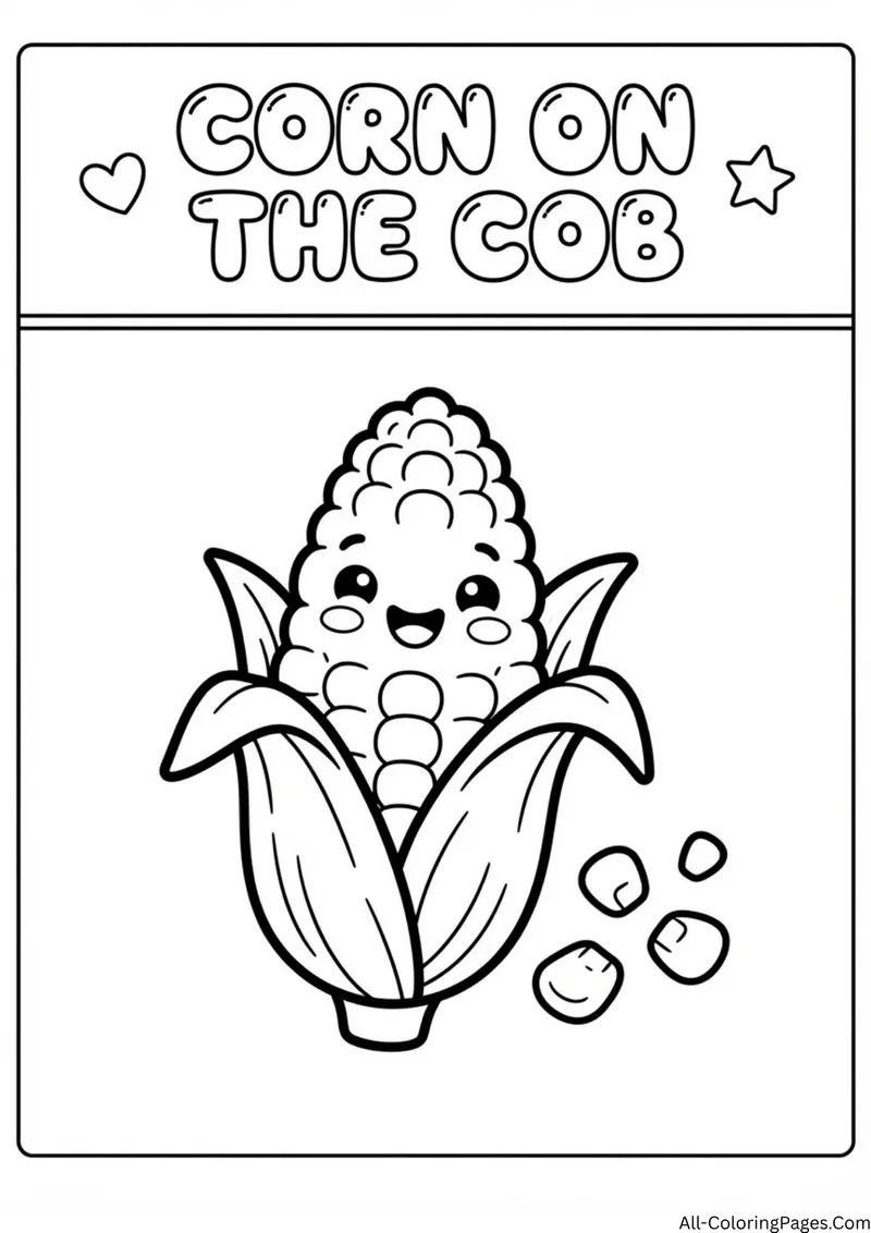 Smiling corn on the cob in its husk with loose kernels nearby, with the title Corn on the Cob