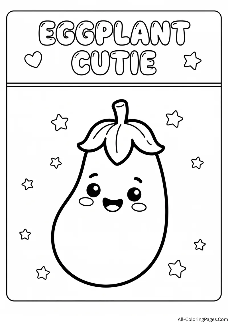 Smiling eggplant with a leafy cap among stars, with the title Eggplant Cutie