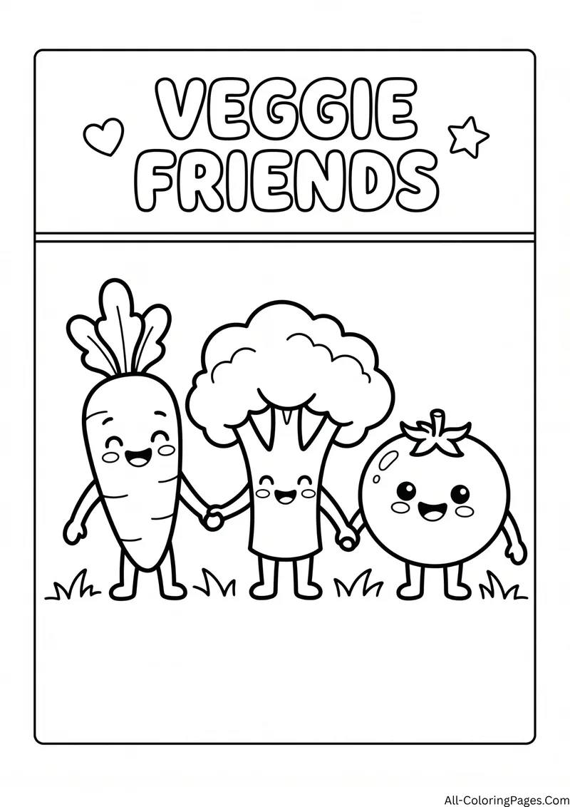 Smiling carrot, broccoli and tomato holding hands on the grass, with the title Veggie Friends