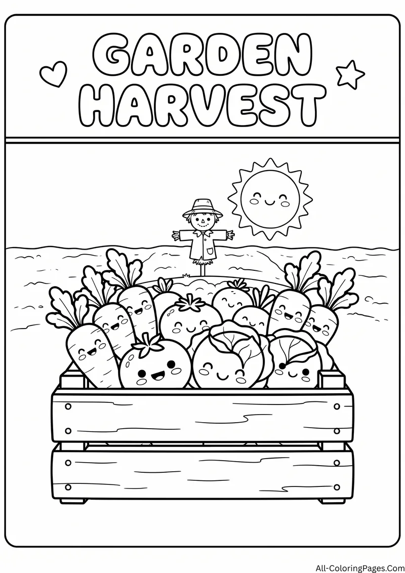 Wooden crate full of smiling vegetables with a scarecrow and a smiling sun, with the title Garden Harvest