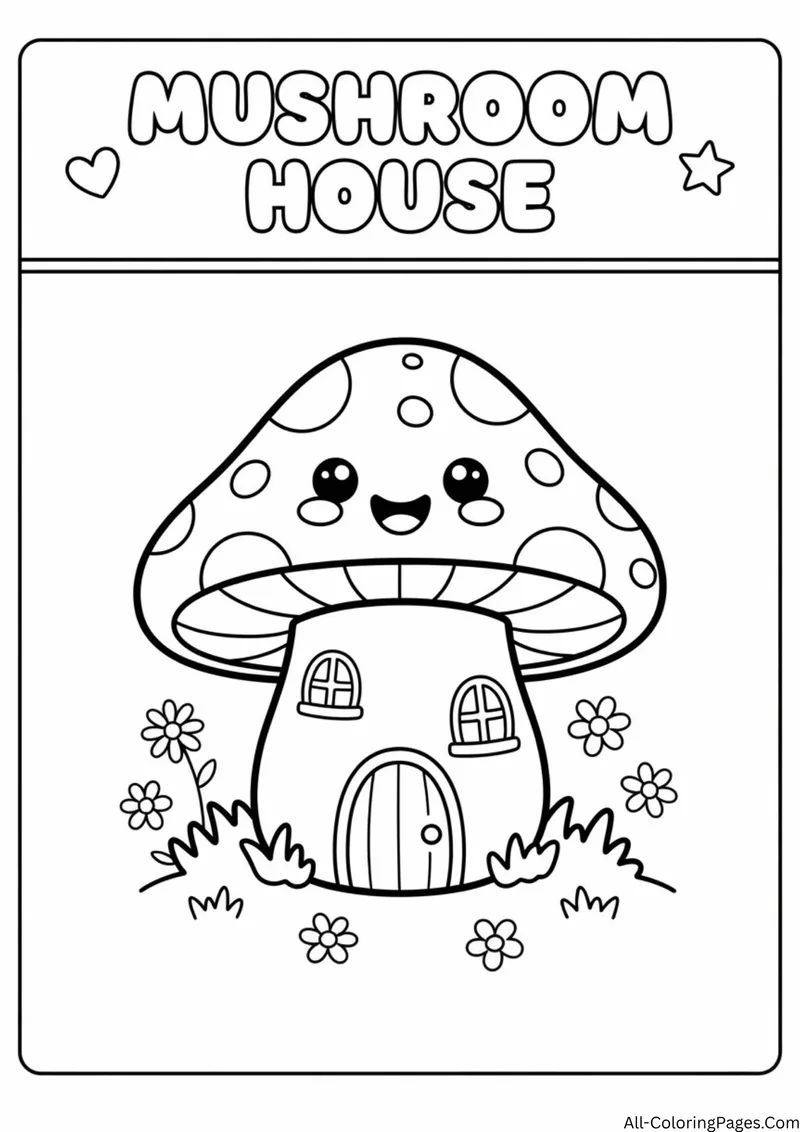 Smiling spotted mushroom with a door and windows among flowers, with the title Mushroom House