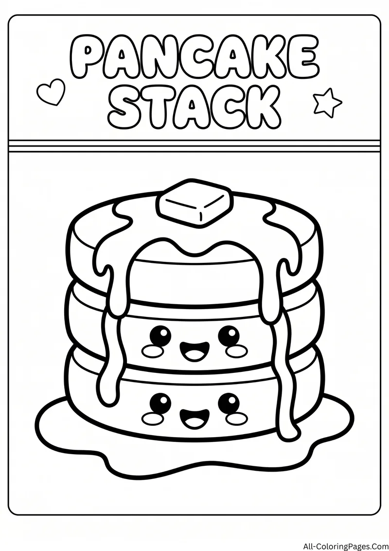 Stack of smiling pancakes with butter on top and syrup dripping down, with the title Pancake Stack
